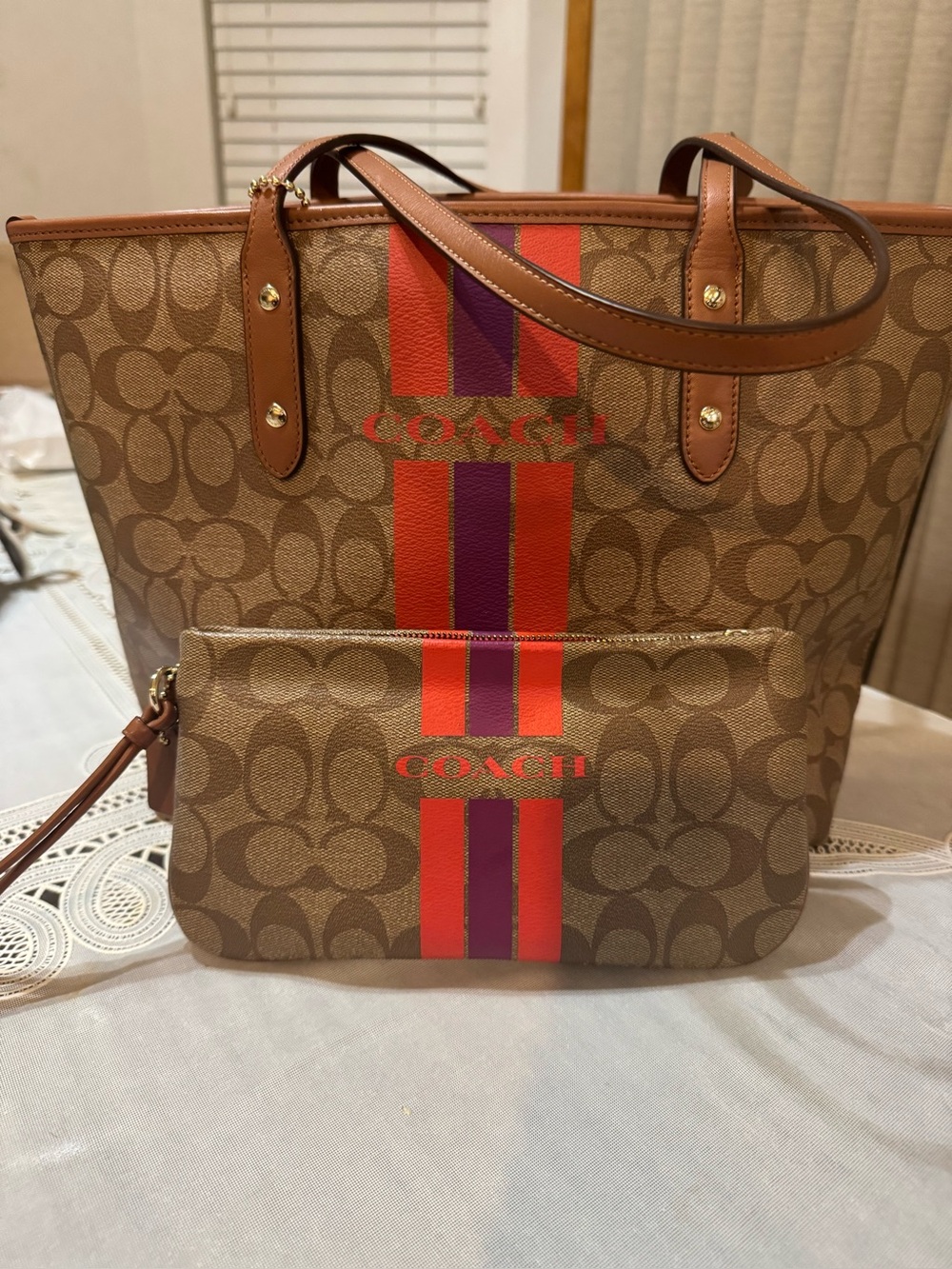 Coach Brown Medium size Signature Tote & Pouch with Red and Purple Stripes